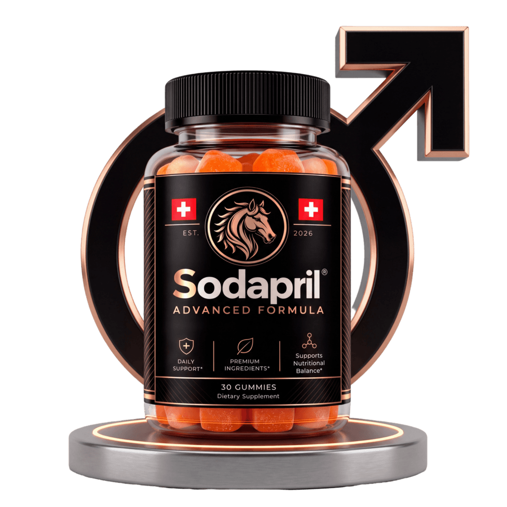 Sodapril Gummies — premium amber supplement bottle with matte black label and copper horse-head crest